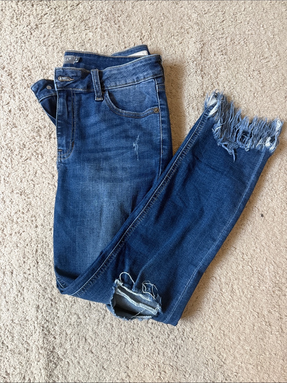 Just USA Women's Dark Blue Distressed Ankle Jeans with Frayed Hem